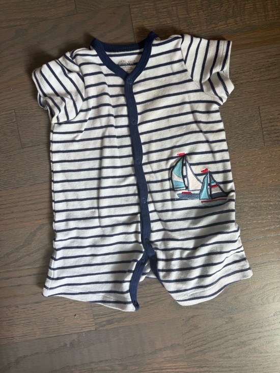 Little Me Other - Little Me White and Navy Striped Sailboat Short Sleeve One-Piece